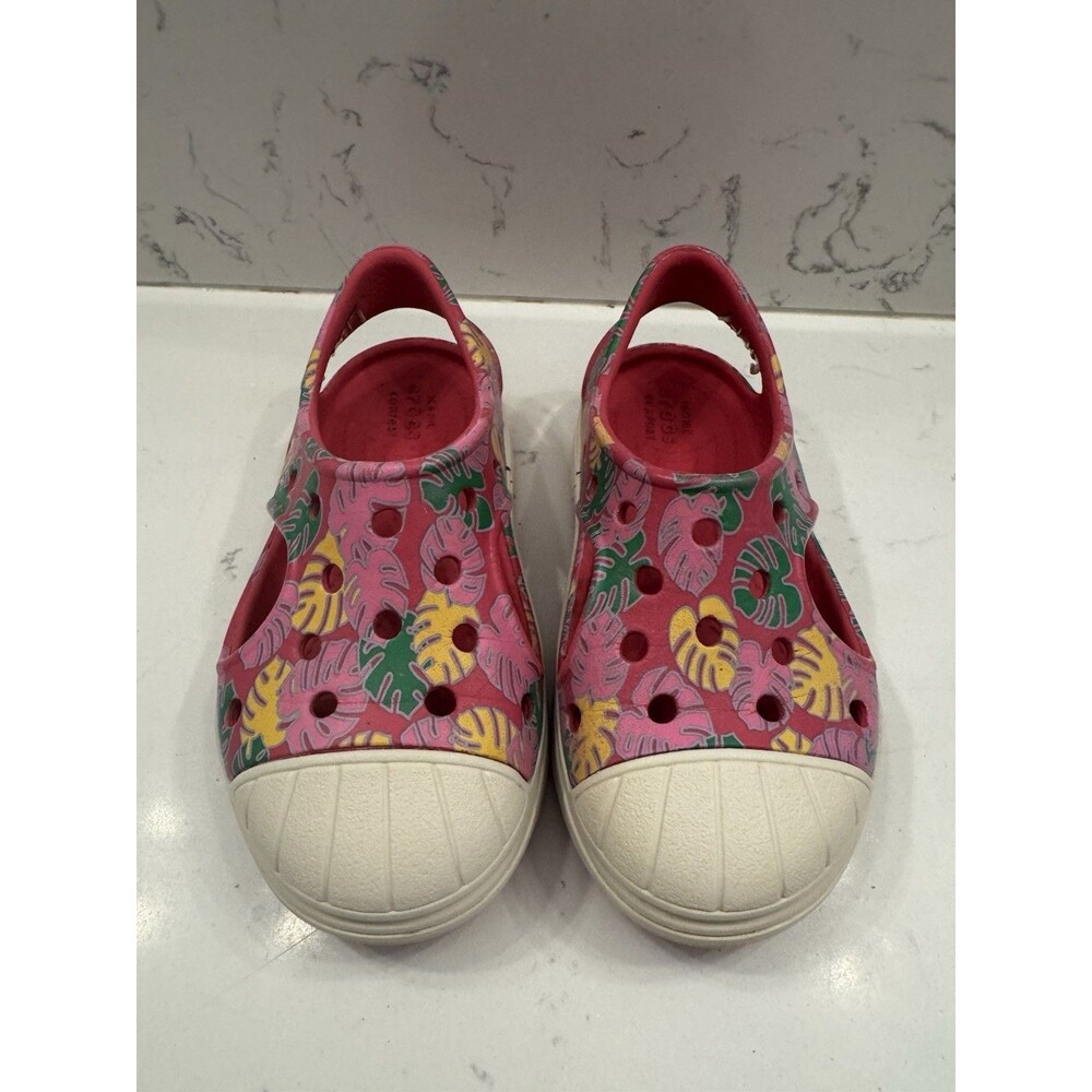 Crocs Girls Size 8 Pink Bump It Sandals Slip On Sling Back Tropical Leaves